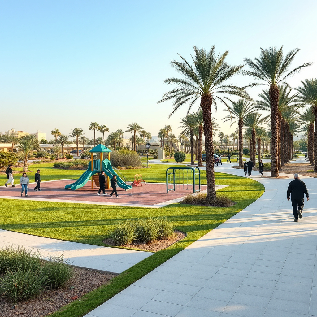 Modern public park with play area and palm trees