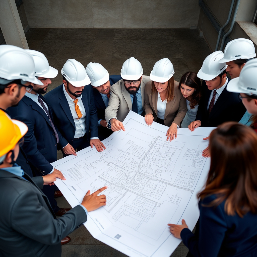 Team of consultants reviewing blueprints